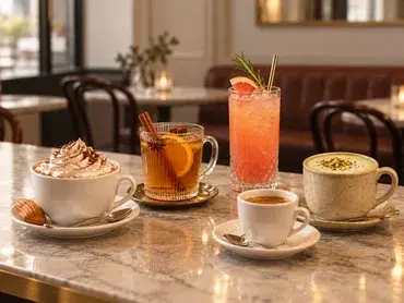 des tasses de boissons chaudes et verres de boissons froides sur un comptoir