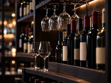 des bouteilles et des verres de vin sur un rangement en bois